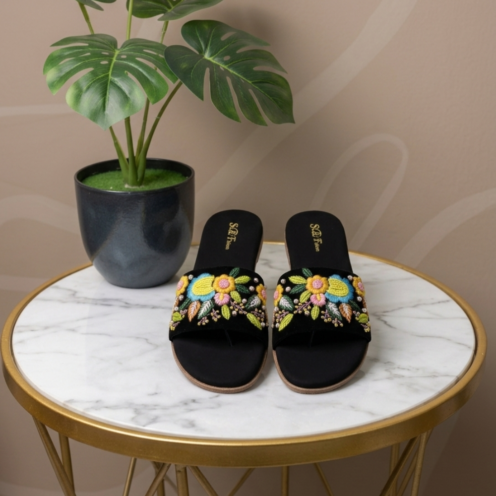 Black Floral Embroidered Flats