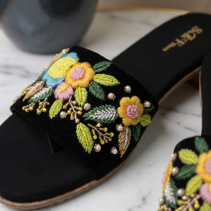 Black Floral Embroidered Flats