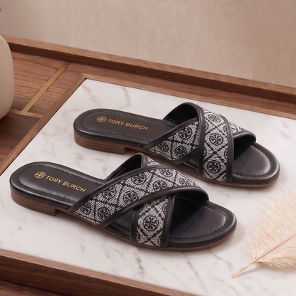 Elegant Cross Strap Monogram Flats