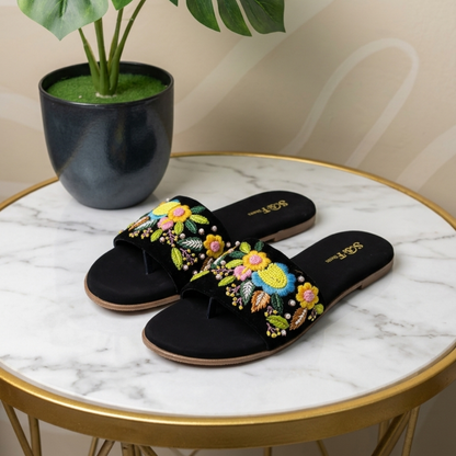 Black Floral Embroidered Flats